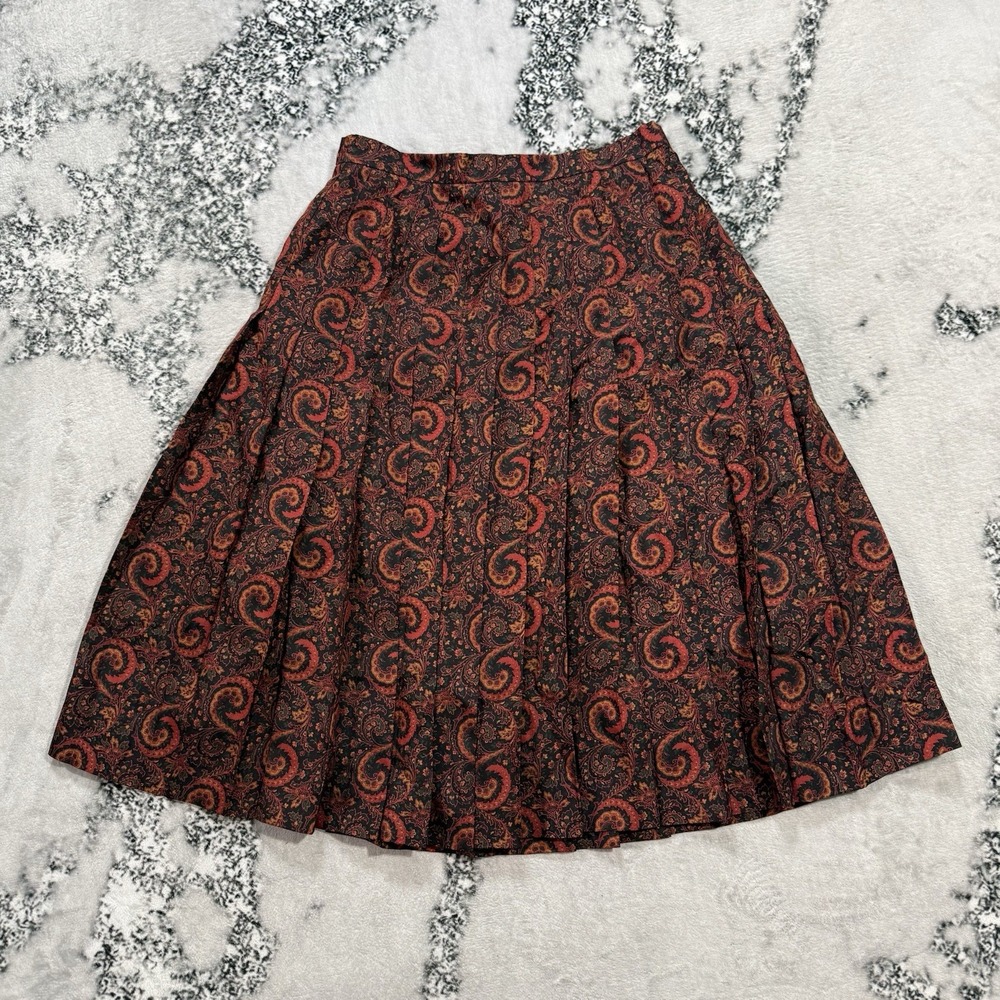 Alcott & Andrews Skirt Womens Sz 10 Brown Multi Paisley Print Pleated‎ 100% Silk